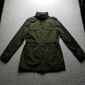 Forever 21 Jacket Mens Small Green Military Canvas Full Zip Stand Collar Lined